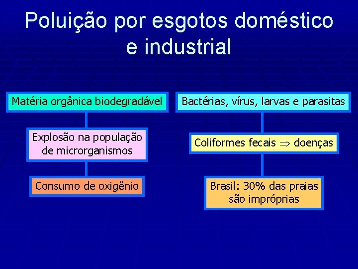 Poluição por esgotos doméstico e industrial Matéria orgânica biodegradável Bactérias, vírus, larvas e parasitas