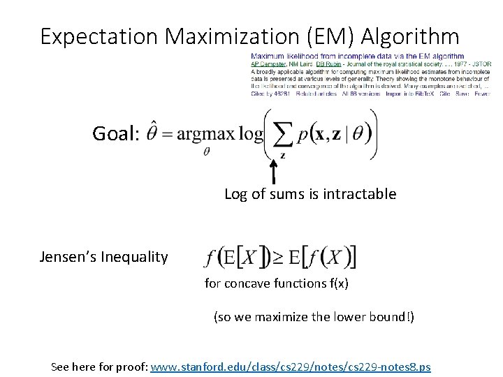 Expectation Maximization (EM) Algorithm Goal: Log of sums is intractable Jensen’s Inequality for concave