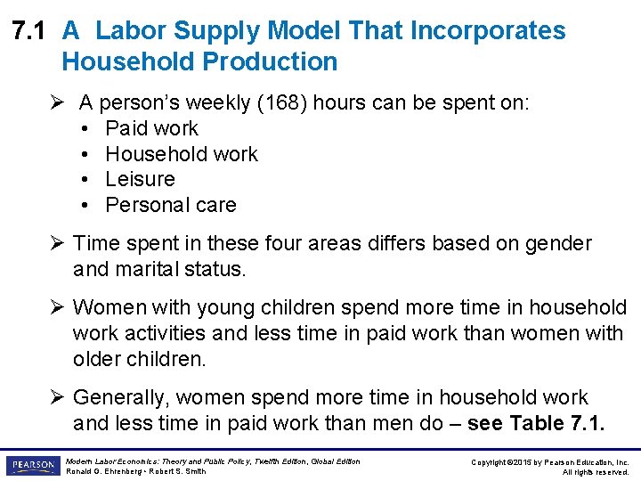 7. 1 A Labor Supply Model That Incorporates Household Production Ø A person’s weekly