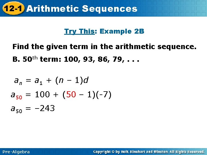 12 -1 Arithmetic Sequences Try This: Example 2 B Find the given term in 12 -1 Arithmetic Sequences Try This: Example 2 B Find the given term in