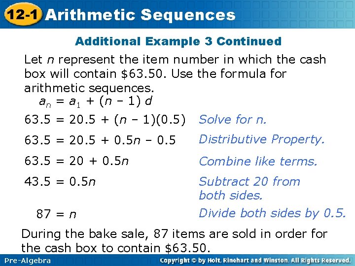 12 -1 Arithmetic Sequences Additional Example 3 Continued Let n represent the item number 12 -1 Arithmetic Sequences Additional Example 3 Continued Let n represent the item number