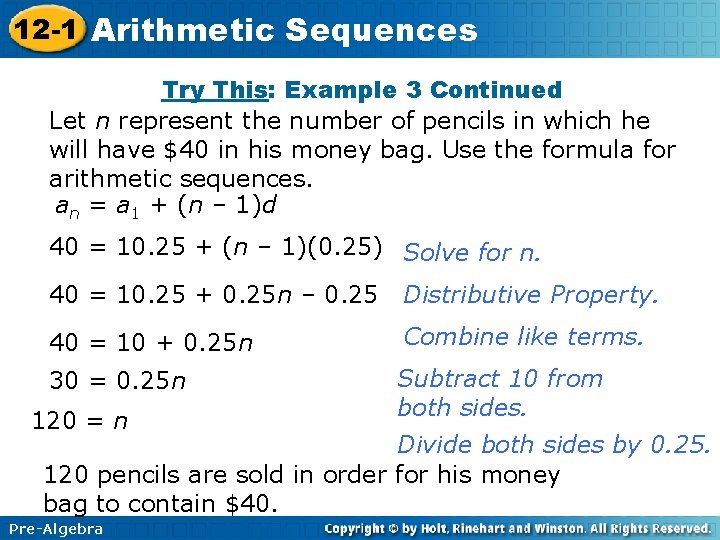 12 -1 Arithmetic Sequences Try This: Example 3 Continued Let n represent the number 12 -1 Arithmetic Sequences Try This: Example 3 Continued Let n represent the number