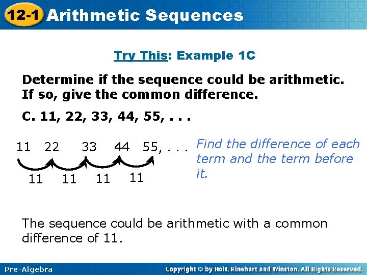 12 -1 Arithmetic Sequences Try This: Example 1 C Determine if the sequence could 12 -1 Arithmetic Sequences Try This: Example 1 C Determine if the sequence could