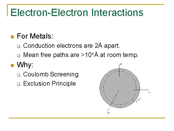 Electron-Electron Interactions n For Metals: q q n Conduction electrons are 2Å apart. Mean