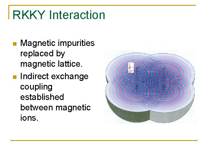 RKKY Interaction n n Magnetic impurities replaced by magnetic lattice. Indirect exchange coupling established