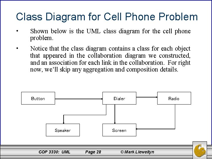 Class Diagram for Cell Phone Problem • Shown below is the UML class diagram