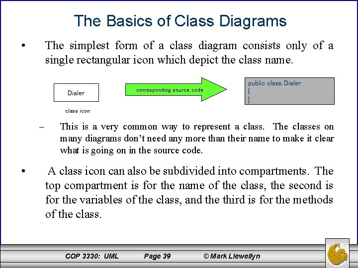 The Basics of Class Diagrams • The simplest form of a class diagram consists
