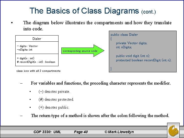 The Basics of Class Diagrams (cont. ) • The diagram below illustrates the compartments
