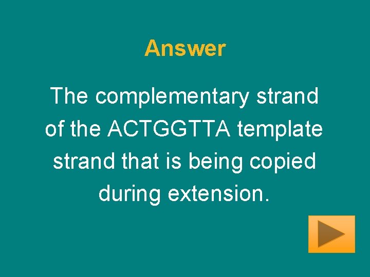 Answer The complementary strand of the ACTGGTTA template strand that is being copied during