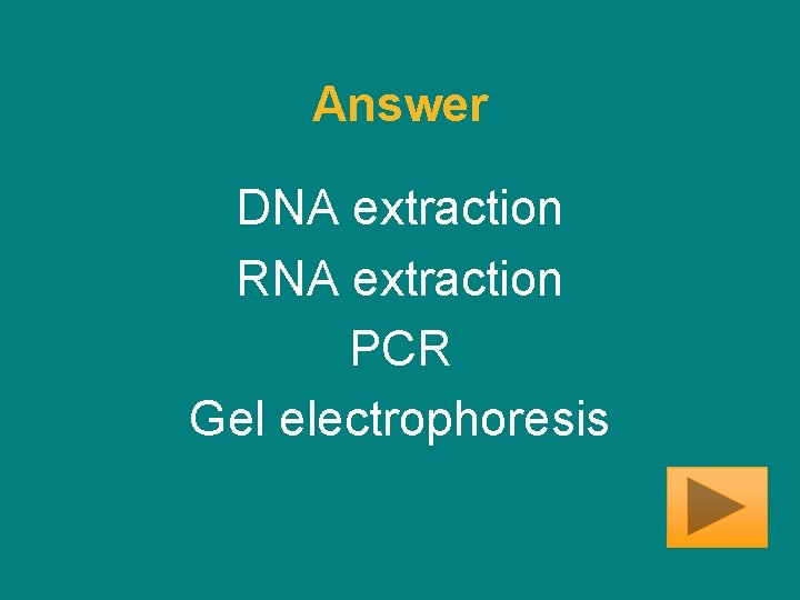 Answer DNA extraction RNA extraction PCR Gel electrophoresis 