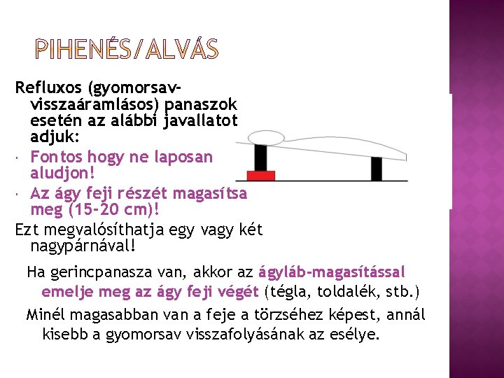 Refluxos (gyomorsavvisszaáramlásos) panaszok esetén az alábbi javallatot adjuk: Fontos hogy ne laposan aludjon! Az