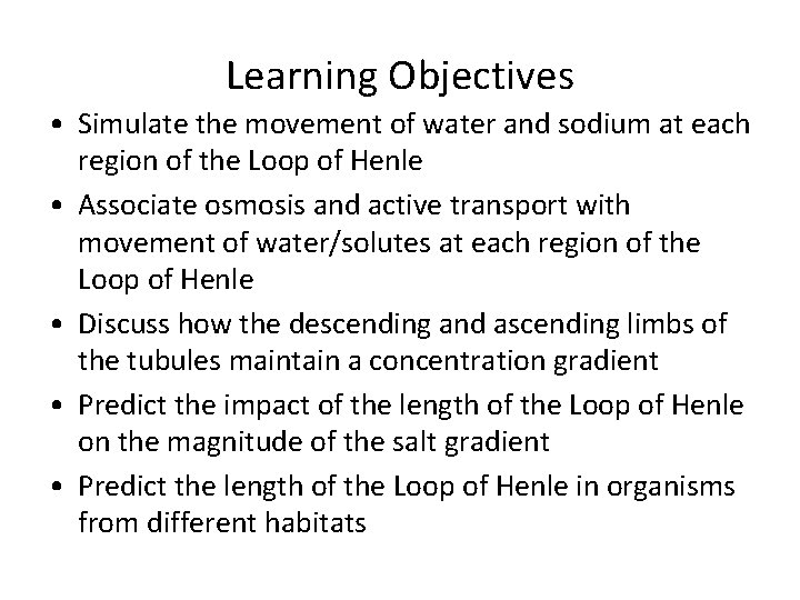 Learning Objectives • Simulate the movement of water and sodium at each region of