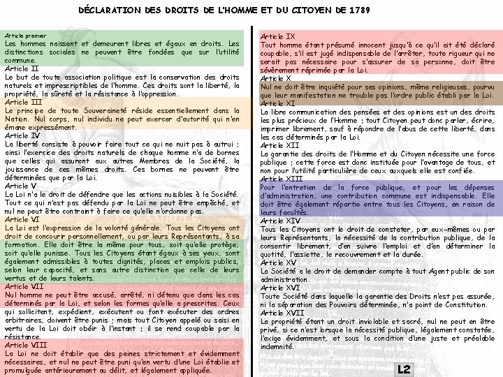 DÉCLARATION DES DROITS DE L’HOMME ET DU CITOYEN DE 1789 Article premier Les hommes