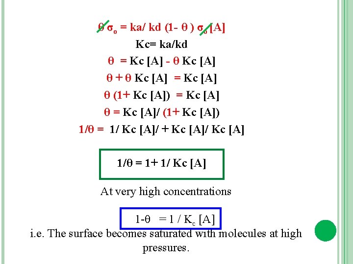 θ σо = ka/ kd (1 - θ ) σо [A] Kc= ka/kd θ