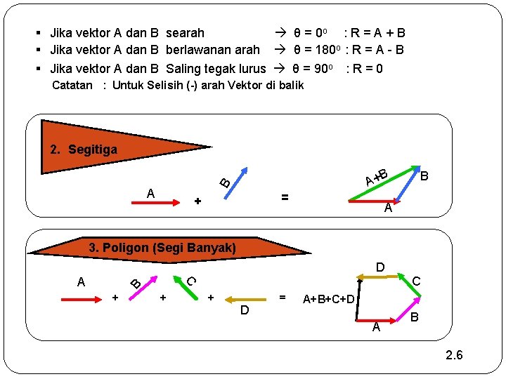 § Jika vektor A dan B searah θ = 0 o : R =