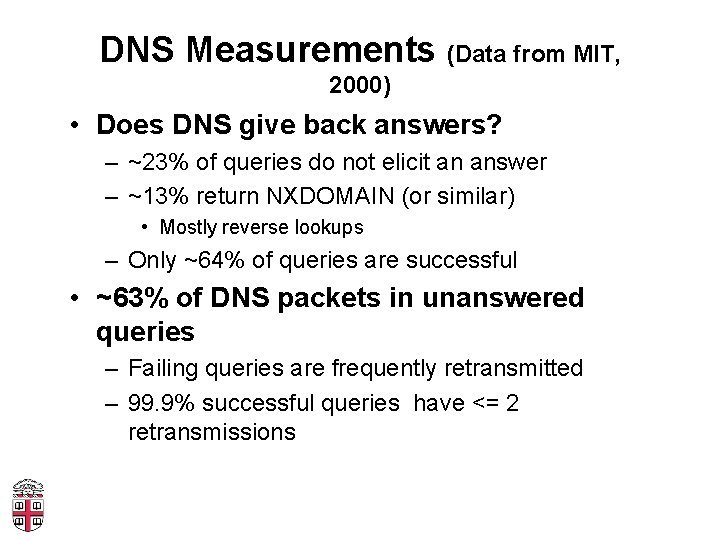 DNS Measurements (Data from MIT, 2000) • Does DNS give back answers? – ~23%