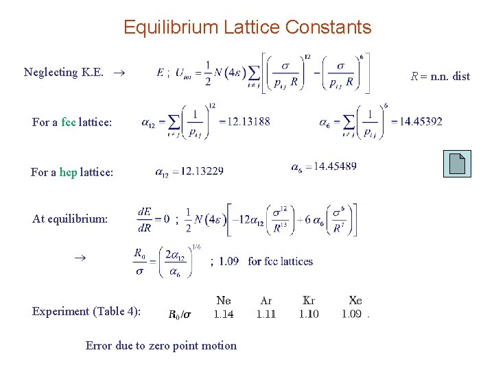 Equilibrium Lattice Constants Neglecting K. E. For a fcc lattice: For a hcp lattice: