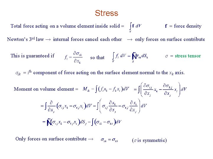 Stress Total force acting on a volume element inside solid f force density Newton’s