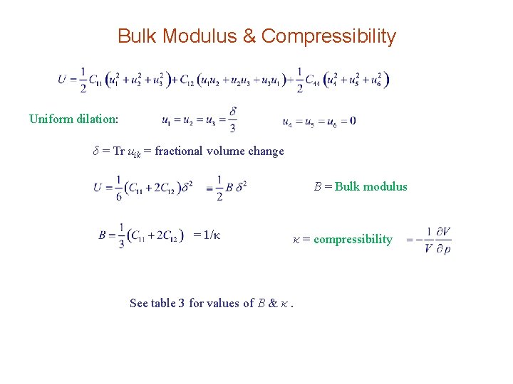 Bulk Modulus & Compressibility Uniform dilation: δ = Tr uik = fractional volume change