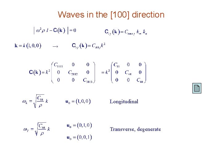 Waves in the [100] direction → Longitudinal Transverse, degenerate 