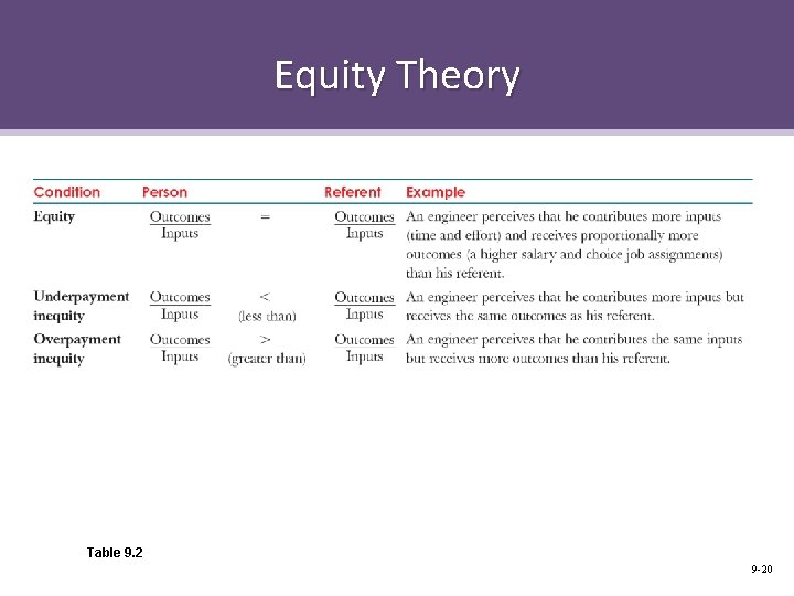 Equity Theory Table 9. 2 9 -20 