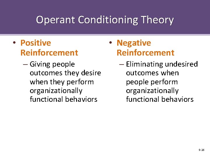 Operant Conditioning Theory • Positive Reinforcement – Giving people outcomes they desire when they