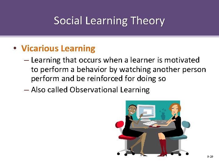 Social Learning Theory • Vicarious Learning – Learning that occurs when a learner is