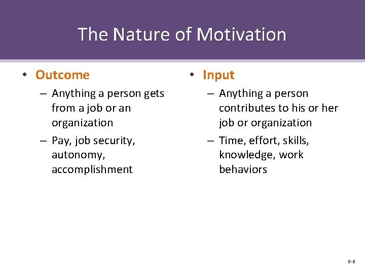 The Nature of Motivation • Outcome – Anything a person gets from a job