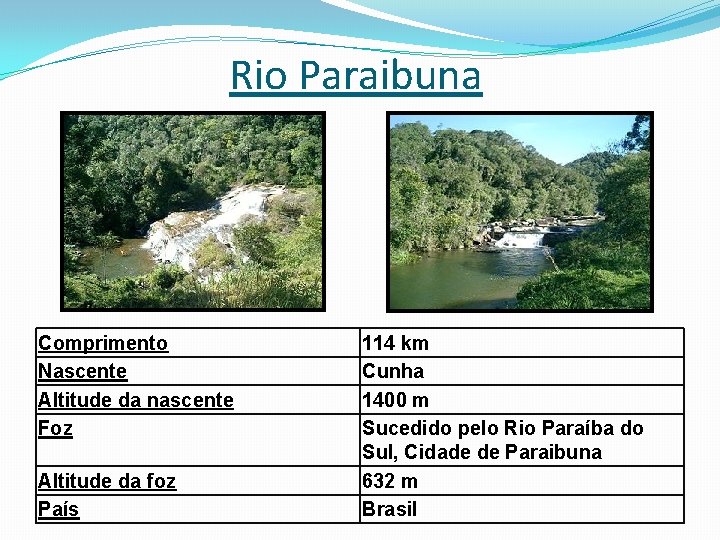 Rio Paraibuna Comprimento Nascente Altitude da nascente Foz Altitude da foz País 114 km