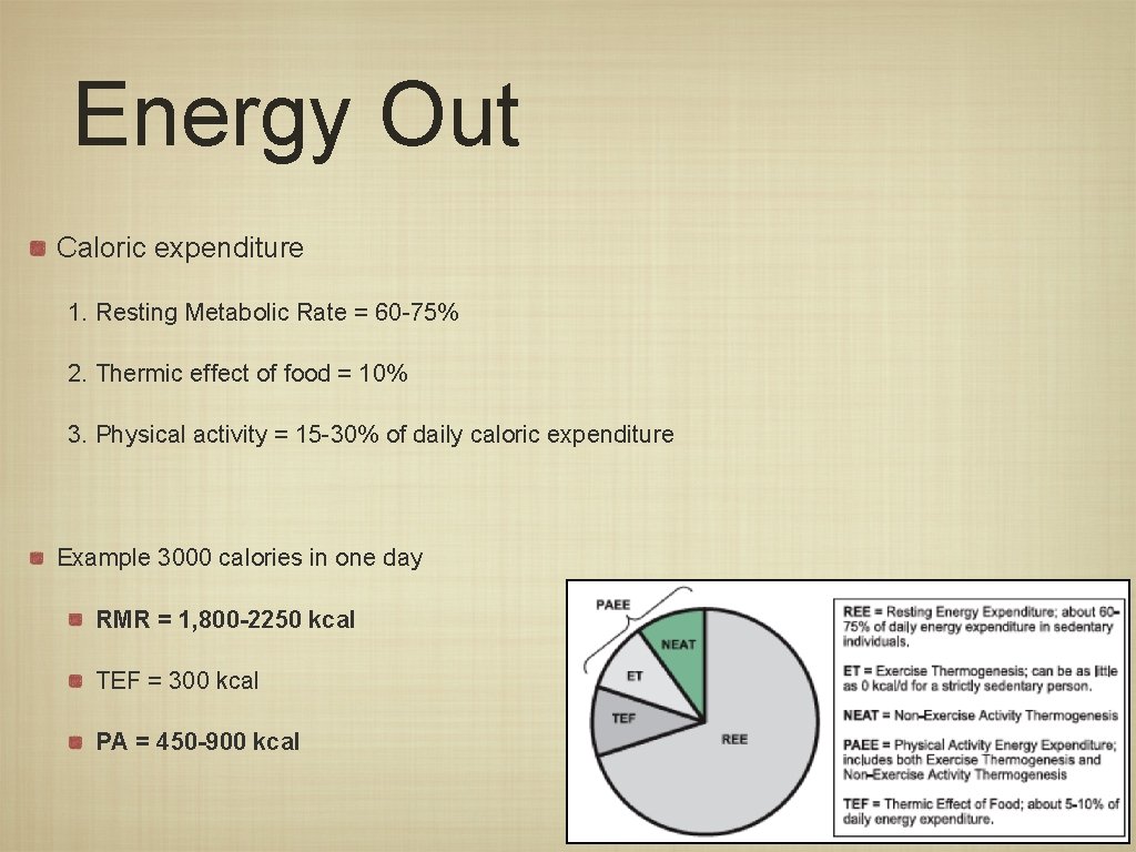 Energy Out Caloric expenditure 1. Resting Metabolic Rate = 60 -75% 2. Thermic effect