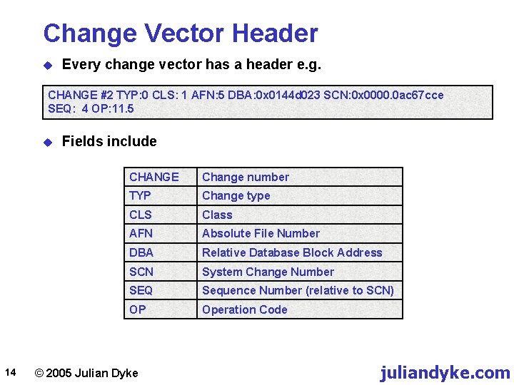 Change Vector Header u Every change vector has a header e. g. CHANGE #2