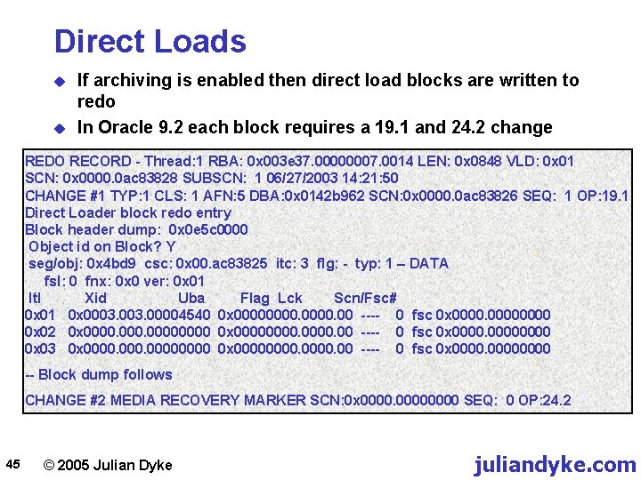 Direct Loads u u If archiving is enabled then direct load blocks are written
