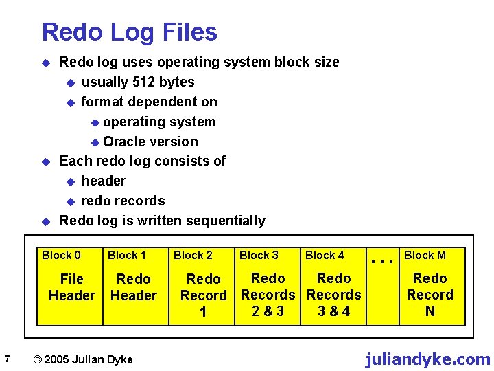 Redo Log Files u u u Redo log uses operating system block size u