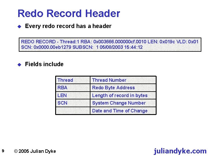 Redo Record Header u Every redo record has a header REDO RECORD - Thread: