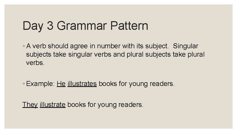 Day 3 Grammar Pattern ◦ A verb should agree in number with its subject.