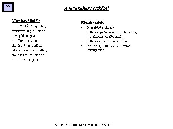 56 A munkaharc eszközei Munkavállalók • SZRTÁJK (spontán, szervezett, figyelmeztető, szimpátia alapú) • Puha