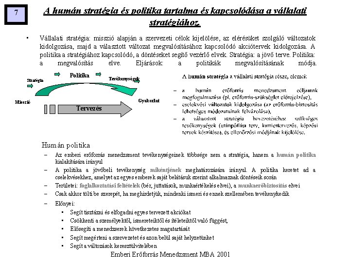 A humán stratégia és politika tartalma és kapcsolódása a vállalati stratégiához. 7 • Vállalati