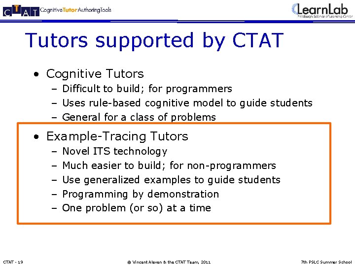Tutors supported by CTAT • Cognitive Tutors – Difficult to build; for programmers –