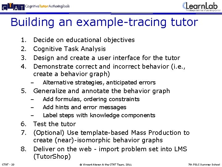 Building an example-tracing tutor 1. 2. 3. 4. Decide on educational objectives Cognitive Task
