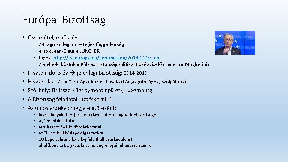 Európai Bizottság • Összetétel, elnökség • • • 28 tagú kollégium – teljes függetlenség