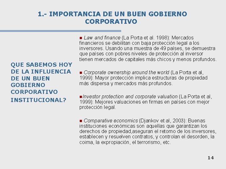 1. - IMPORTANCIA DE UN BUEN GOBIERNO CORPORATIVO Law and finance (La Porta et