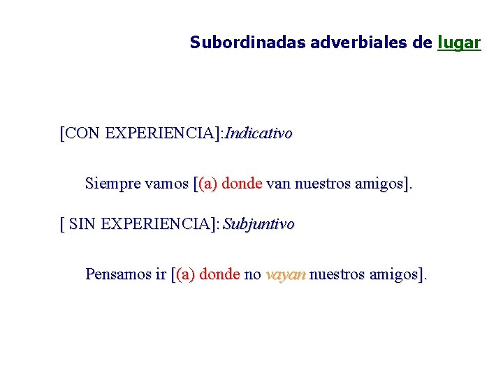 Subordinadas adverbiales de lugar [CON EXPERIENCIA]: Indicativo Siempre vamos [(a) donde van nuestros amigos].