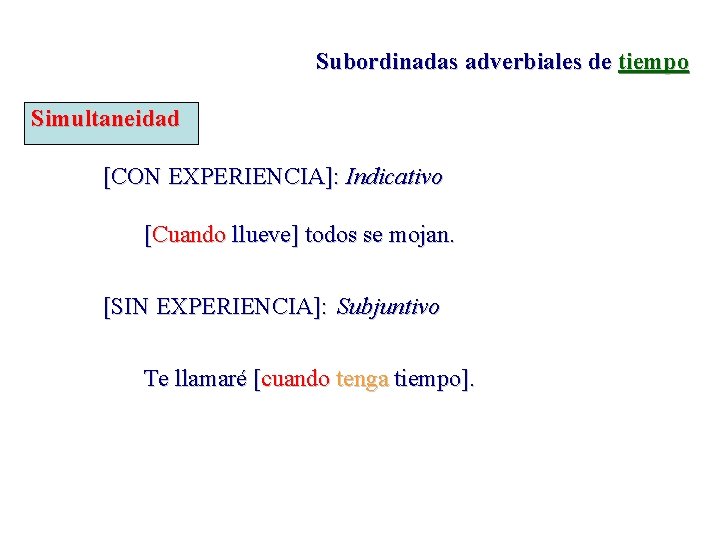 Subordinadas adverbiales de tiempo Simultaneidad [CON EXPERIENCIA]: Indicativo [Cuando llueve] todos se mojan. [SIN