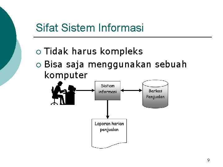 Sifat Sistem Informasi Tidak harus kompleks ¡ Bisa saja menggunakan sebuah komputer ¡ 9