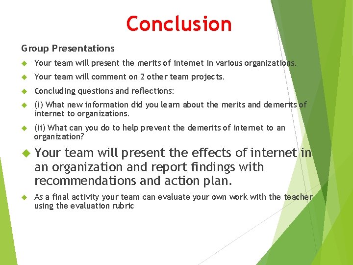 Conclusion Group Presentations Your team will present the merits of internet in various organizations.