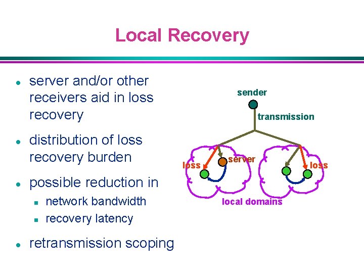 Local Recovery l l l server and/or other receivers aid in loss recovery distribution