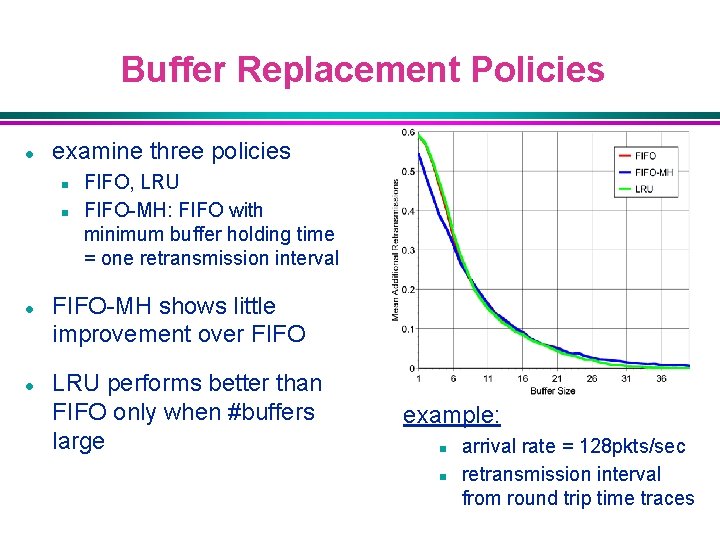 Buffer Replacement Policies l examine three policies n n l l FIFO, LRU FIFO-MH: