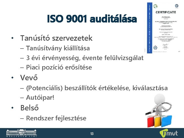 ISO 9001 auditálása • Tanúsító szervezetek – Tanúsítvány kiállítása – 3 évi érvényesség, évente