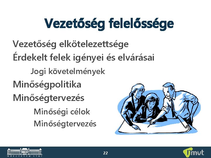 Vezetőség felelőssége Vezetőség elkötelezettsége Érdekelt felek igényei és elvárásai Jogi követelmények Minőségpolitika Minőségtervezés Minőségi