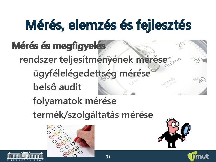 Mérés, elemzés és fejlesztés Mérés és megfigyelés rendszer teljesítményének mérése ügyfélelégedettség mérése belső audit